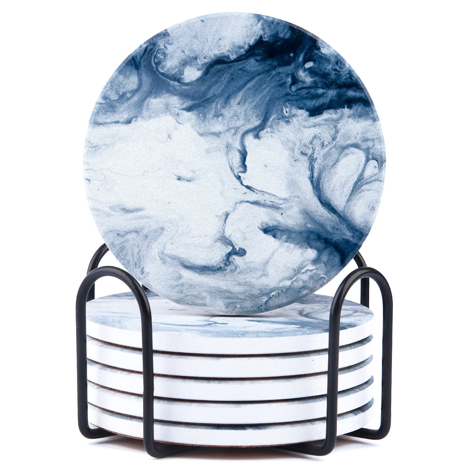 Blue Coasters for Drinks Marble Style,Absorbent Ceramic Coaster with Metal Holder Stand,House Warming Gifts Decor Set of 6 with Cork Base for Wooden Table