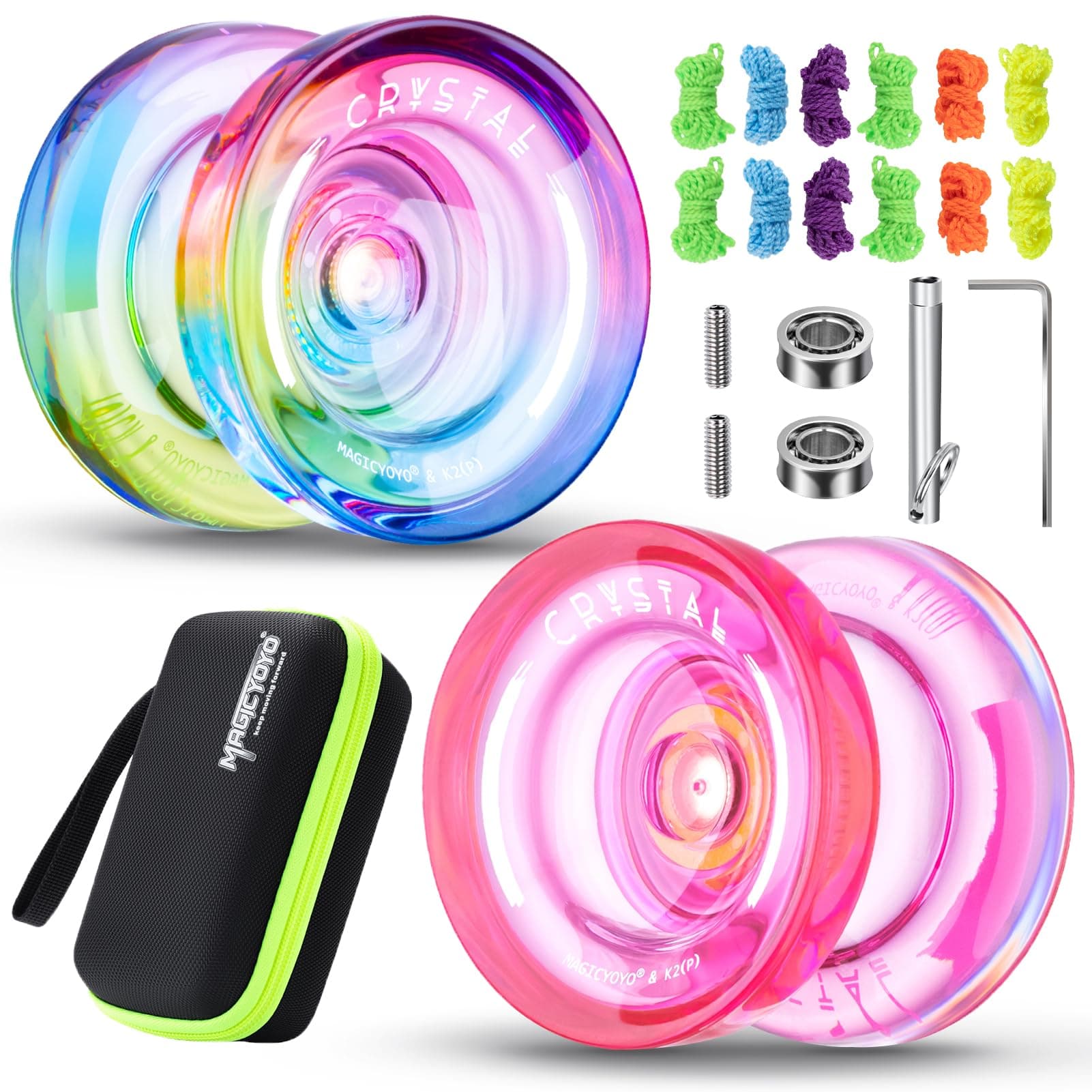 MAGICYOYO Responsive & Dual Purpose Plastic Yo-yo 2 Pack, K2 Crystal Yoyo for Kids & Professionals, 12 Yo-yo Strings, 2 Holes Yoyo Case Bag (Crystal Gradient + Pink)