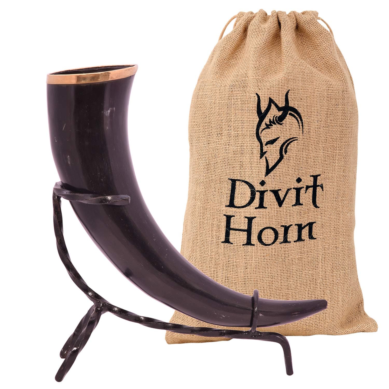 Divit Genuine Viking Drinking Horn with Iron stand | Authentic Medieval Beer Drinking Horn | Brass Adornments & Burlap Gift Sack Included | 16 oz capacity (Original, Polished)