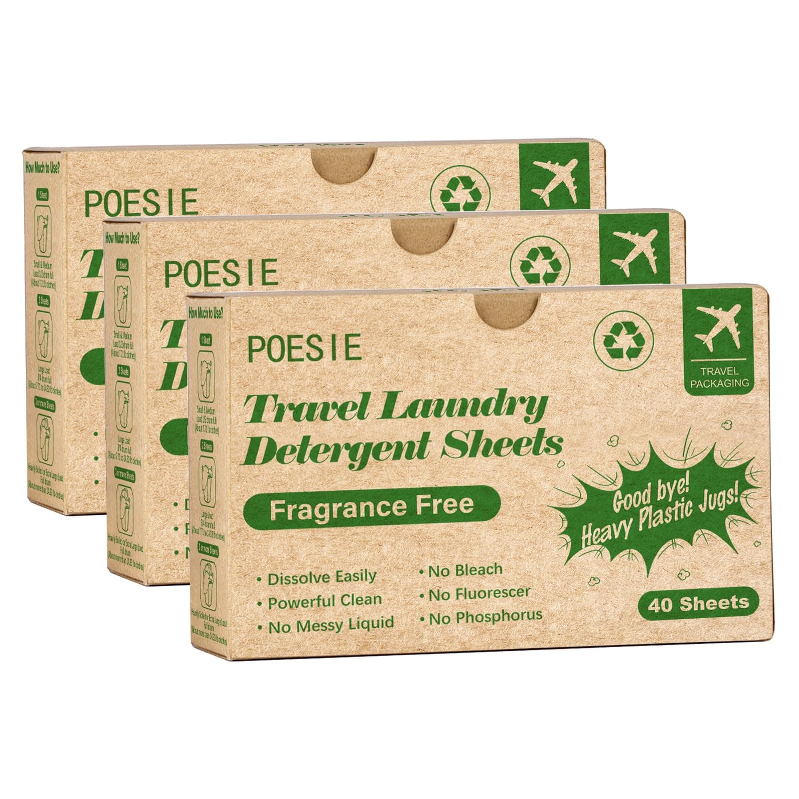 Poesie Laundry Detergent Sheets for Travel Portable Liquidless Cloth Washing Sheets Laundry Strips 3 Box per Pack Total 120 Count Fragrance Free