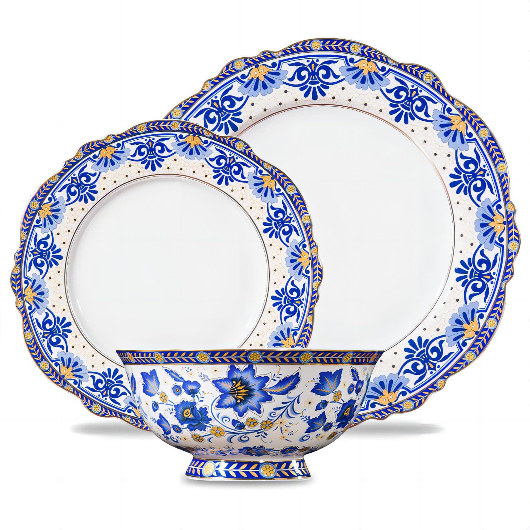 ACMLIFE 12-Piece Bone China Dinnerware Set, Blue and White Vintage Floral Dinnerware Set Service for 4, Lightweight Plates and Bowls Set with Gift Box (Blue-B)