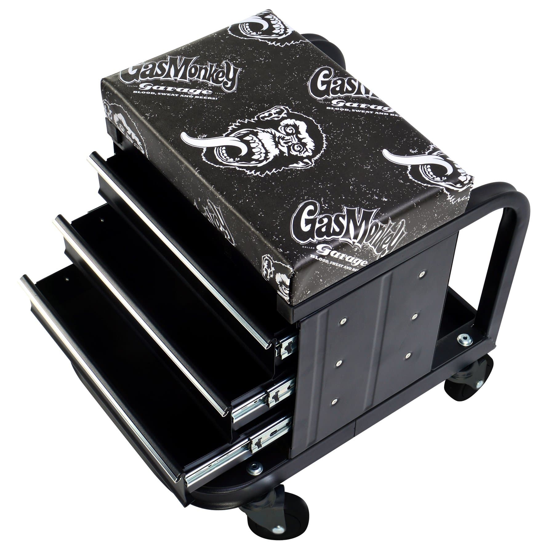 Gas Monkey Creeper Seat and Tool Box Combo - 3-Drawers Toolbox with 4 Rolling Casters - 450 Lbs Capacity