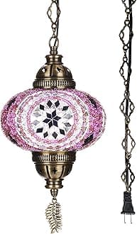 DEMMEX Plug-in Turkish Moroccan Mosaic Hanging Pendant Ceiling Light – Swag Lamp Fixture with 15ft Cord & Chain, Handcrafted, Vintage Tiffany Style, Mediterranean Exotic Decor, Lilac Light Purple