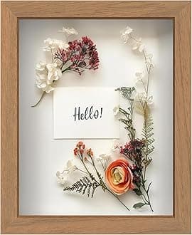 FrameWorks 8” x 10” Golden Oak Wooden Shadow Box Frame – Display Case with Soft Felt Back, Memory Box with Tempered Glass, Display Box with Elegant White Ball Push Pins, Wooden Flower Box