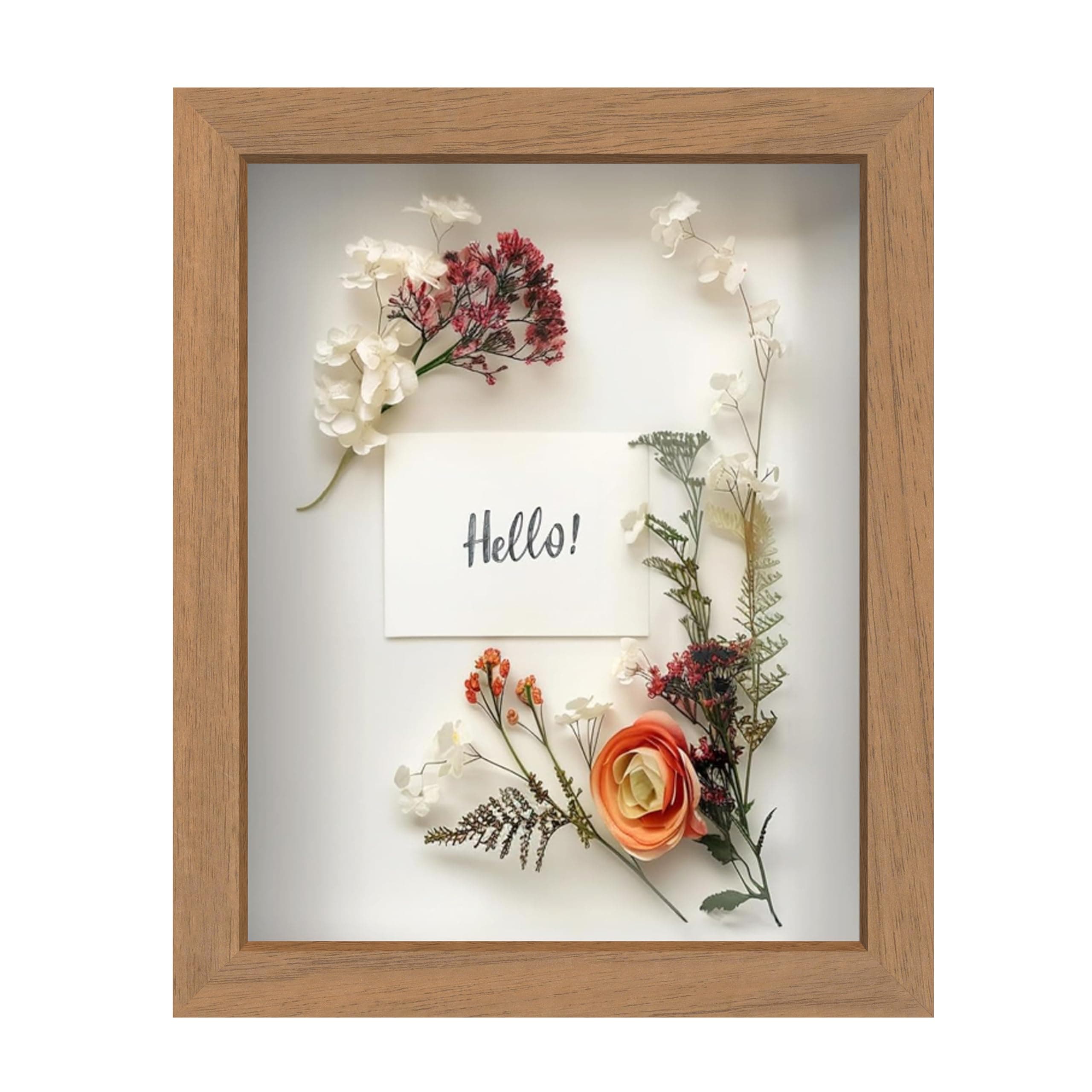 FrameWorks 8” x 10” Golden Oak Wooden Shadow Box Frame – Display Case with Soft Felt Back, Memory Box with Tempered Glass, Display Box with Elegant White Ball Push Pins, Wooden Flower Box