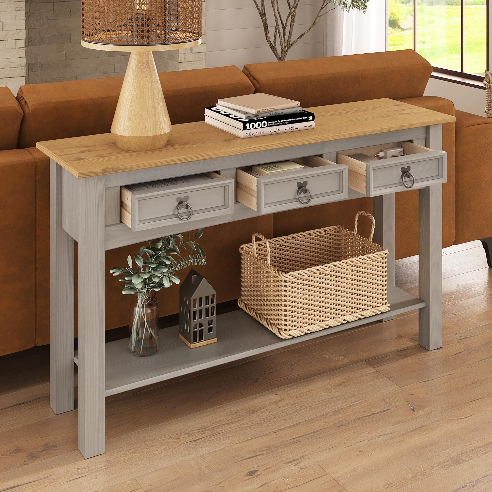 Furniture Dash Solid Wood Hall Table Console 47.9" W, 12.6" D, 28.8" H - Farmhouse Entryway Table with 3 Drawers, Office Hallway Foyer, Wooden Storage, Cupboard Console Table