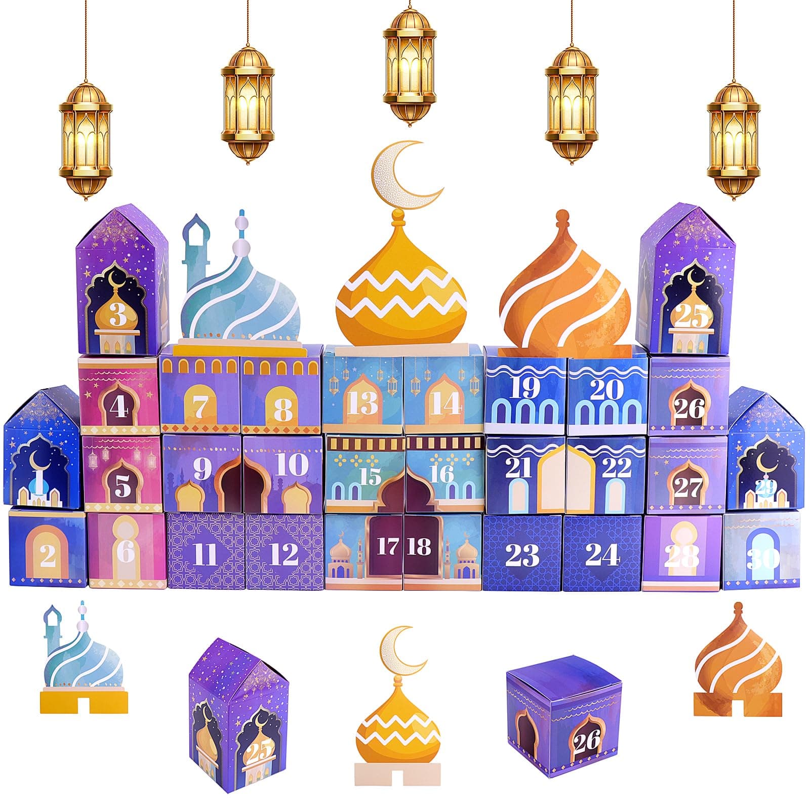 Ramadan Advent Calendar, 30 Days Eid Mubarak Countdown Calendar Decorations DIY Refillable Ramadan Advent Gift Box Ramadan Mubarak Cardboard Number Gift Boxes for Eid Ramadan Party Supplies