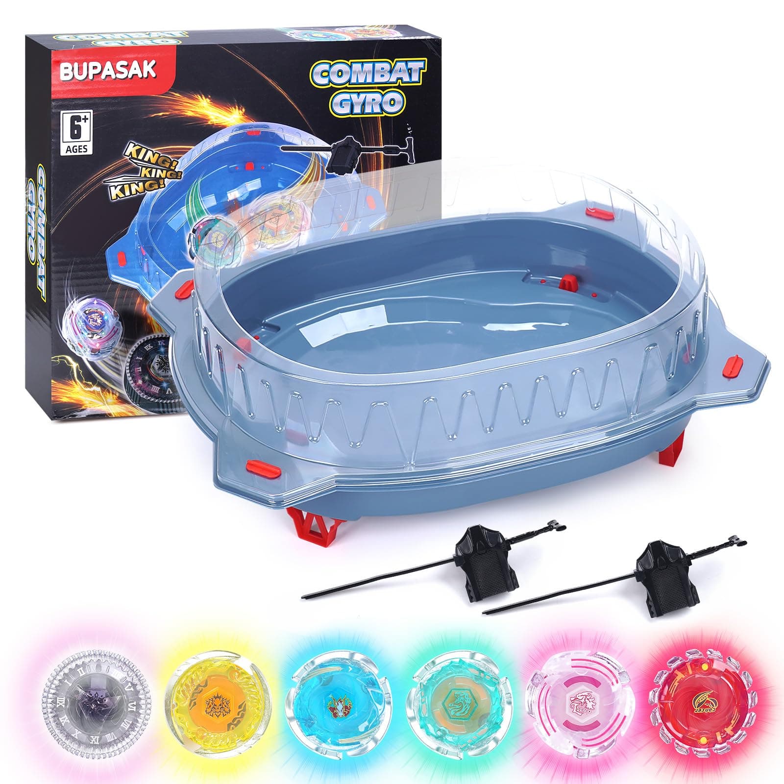 Light Ignite Spinning Tops Battle Set, with Stadium, 6 Light Ignite Spinning Tops, and 2 Launchers, Toys for 6 Year Old Boys & Girls & Up (Amazon Exclusive)