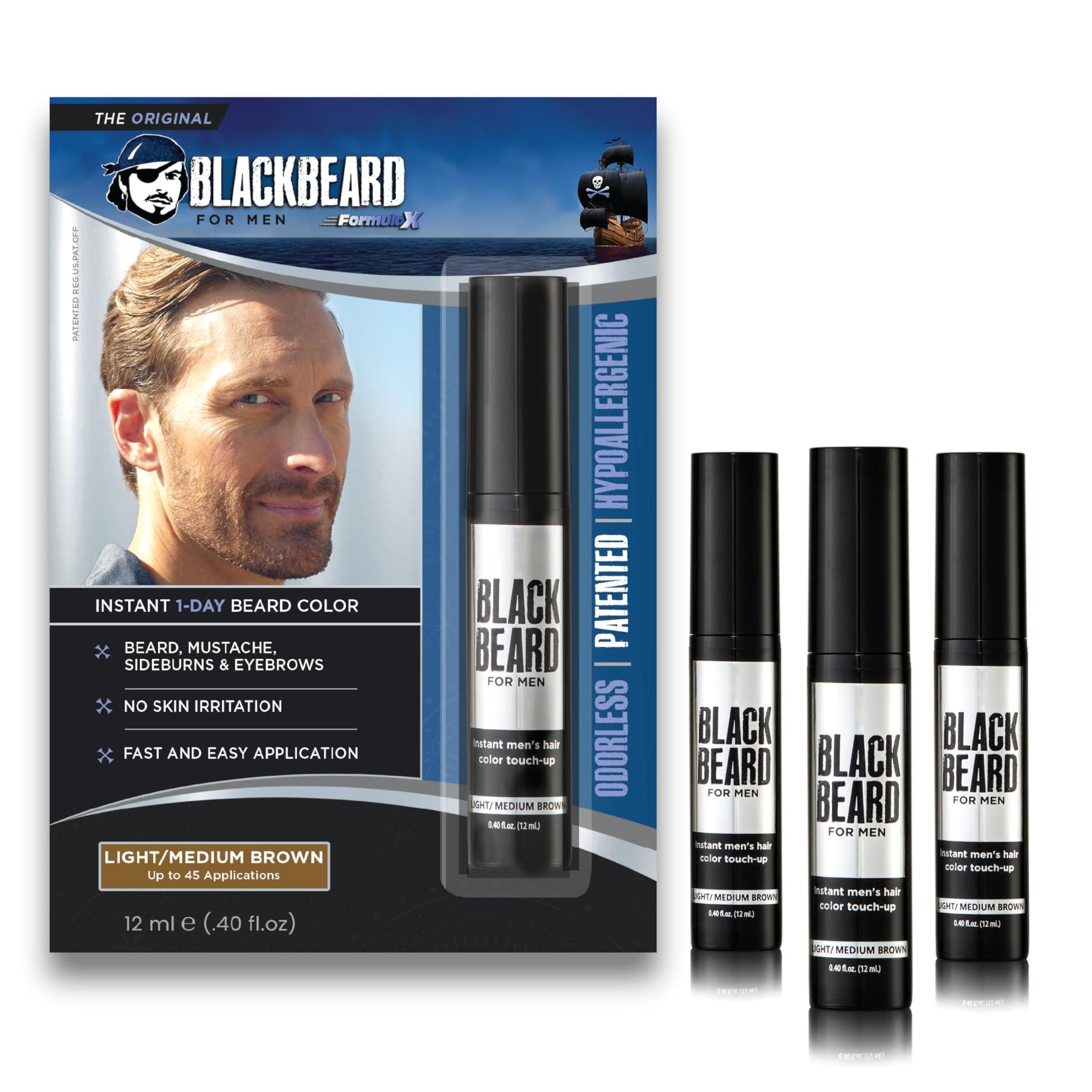 Blackbeard for Men Beard Color – 1-Day Beard, Mustache, Eyebrow, Sideburns Color – Temporary Facial Hair Tint - Hypoallergenic Beard Dye Alternative – Up to 45 applications– Light/Medium Brown, 3 Pack