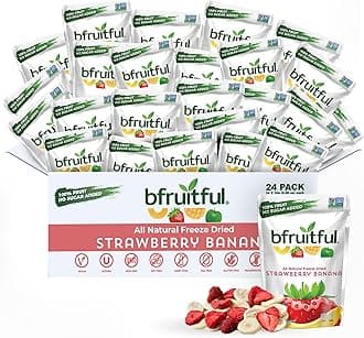 bfruitful Freeze-Dried Strawberry Banana, Freeze Dried Fruit Mix for Kids or Adults, Fresh Fruit Bites, No Sugar Added & Vegan, Kosher, Non GMO, 0.56 oz Single-Serve Snack Packets, 24 Pack