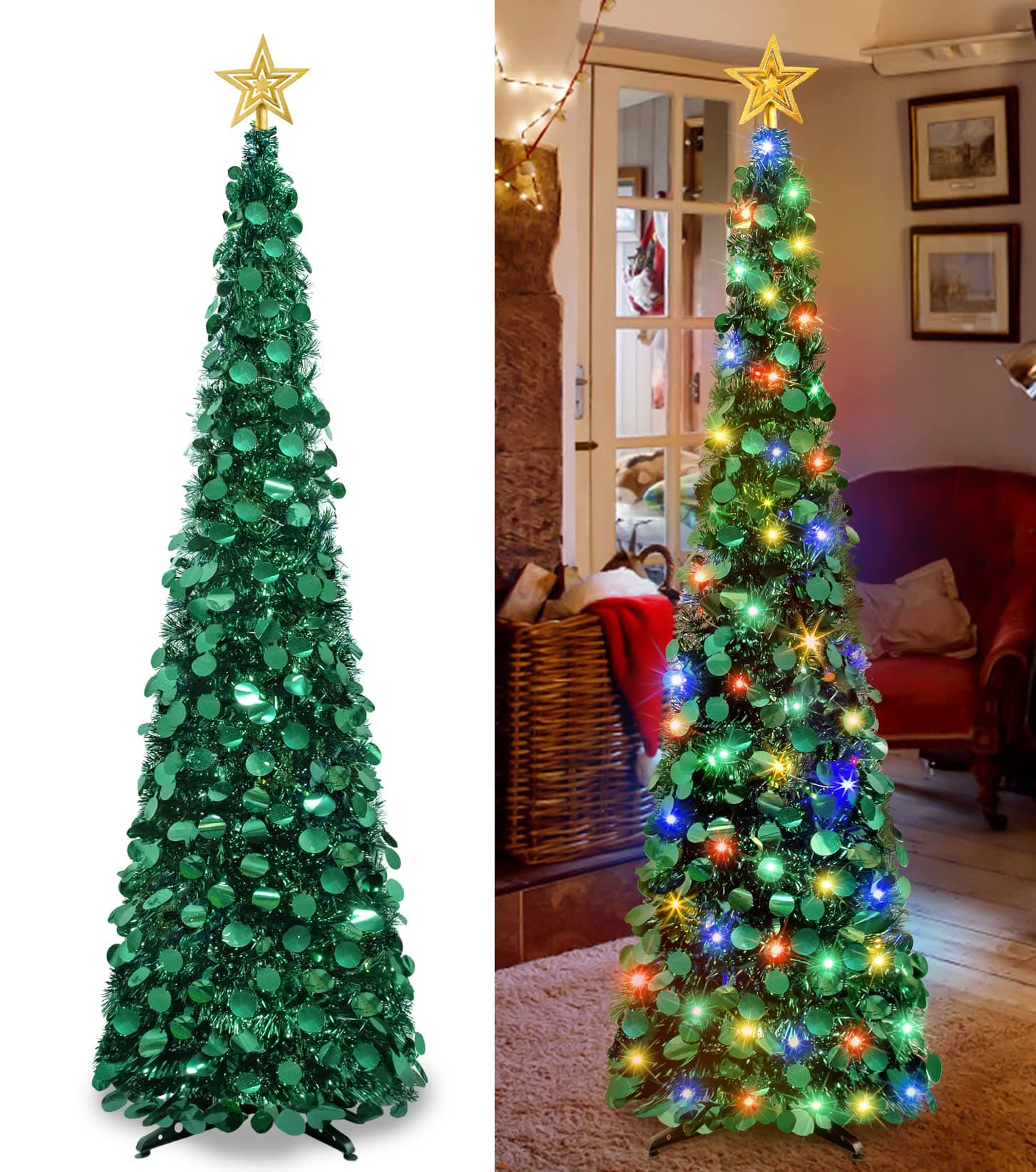 5 Ft Pop Up Christmas Tree with Lights, Pencil Tinsel Collapsible Christmas Tree with 50 Multi Colored Lights & Tree Topper for Christmas Decoration Home Party Decor Indoor Outdoor (Green)
