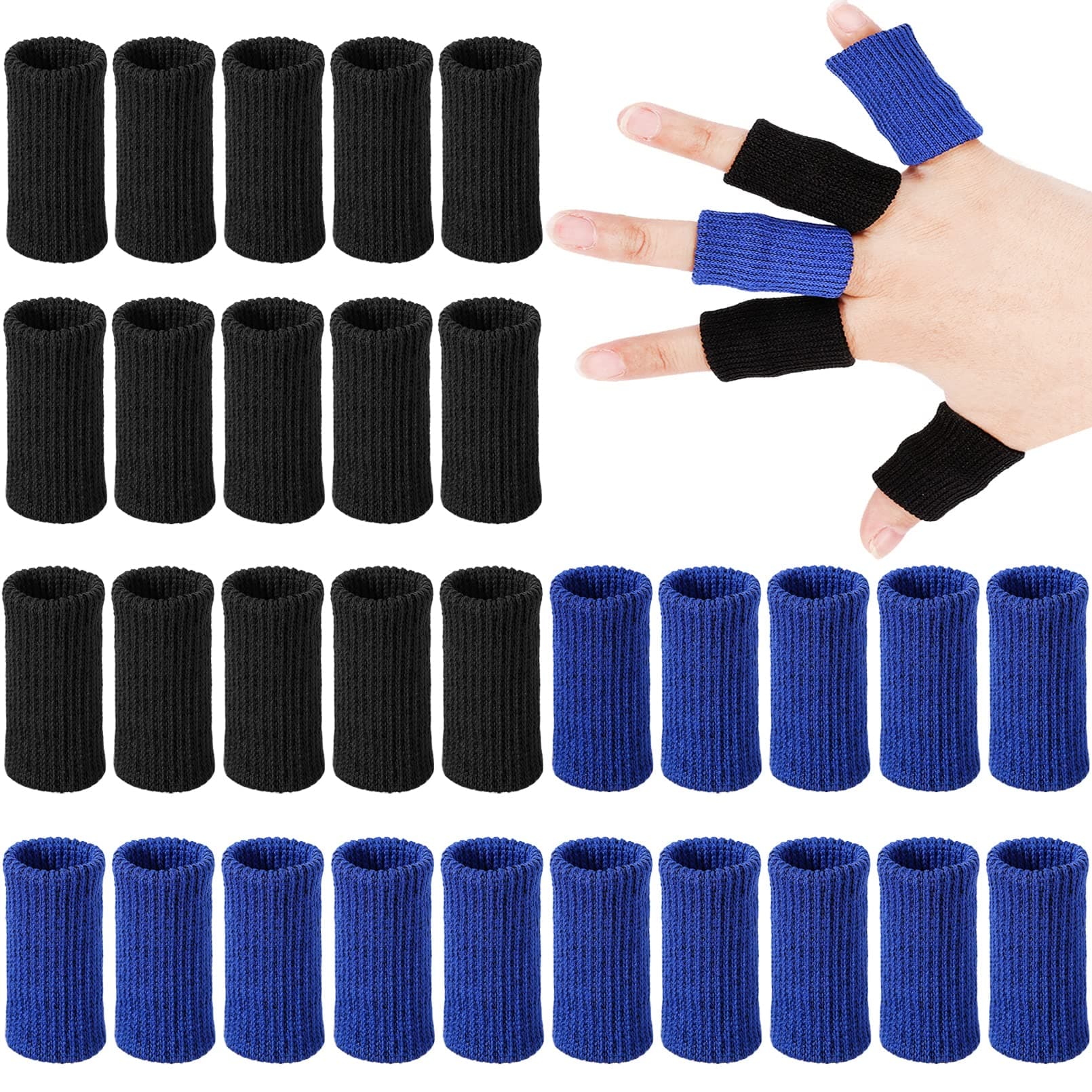30 Pieces Finger Sleeves,Elastic Compression Protector with 1 Storage Bag,Finger Support Compression Sleeves,Elastic Thumb Sleeve,Finger Protector Sleeve for Relieving Pain Sports(Black + Blue)