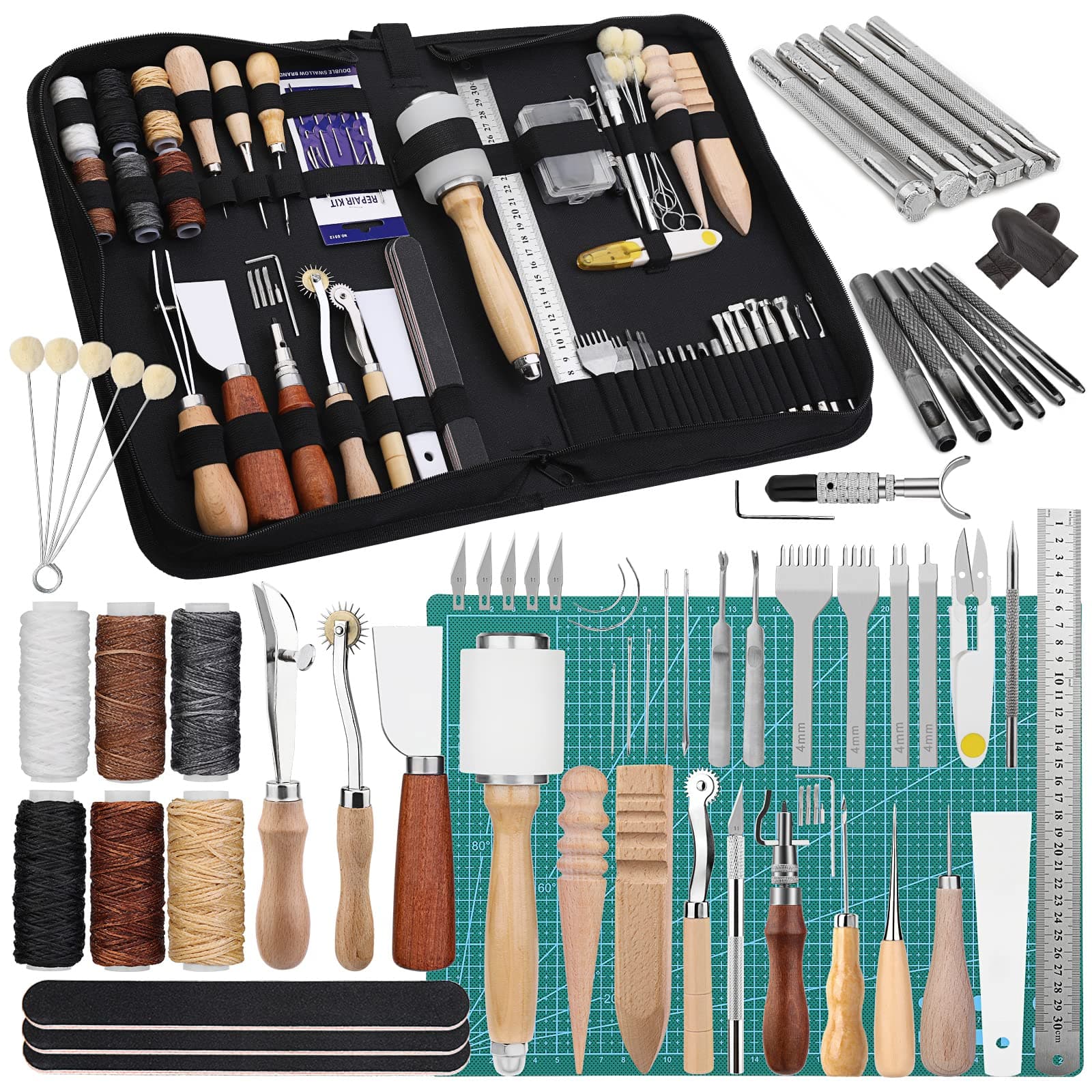 Leather Craft Tools, 60 Pieces Leather Working Tools and Supplies with Storage Bag Cutting Mat Prong Punch Groover Edge Creaser Stamping Carving Knife Awl Hammer for Craft Making DIY Sewing