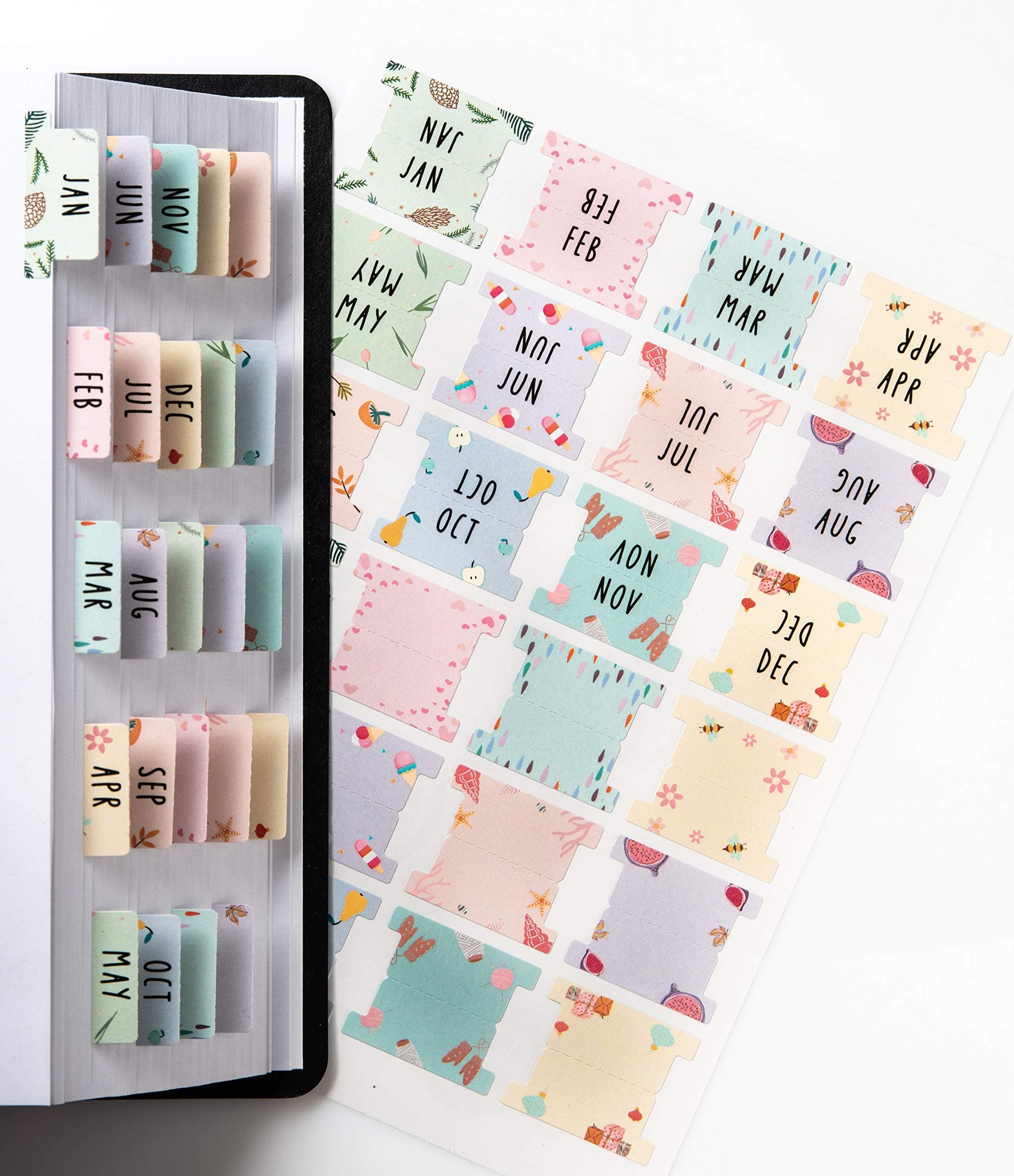 DiverseBee Laminated Planner Monthly Tabs, 24 Peel and Stick Tabs for Notebooks (12 Month Tabs and 12 Blank Tabs), Calendar Monthly Tab Stickers/Dividers (Assorted), Medium