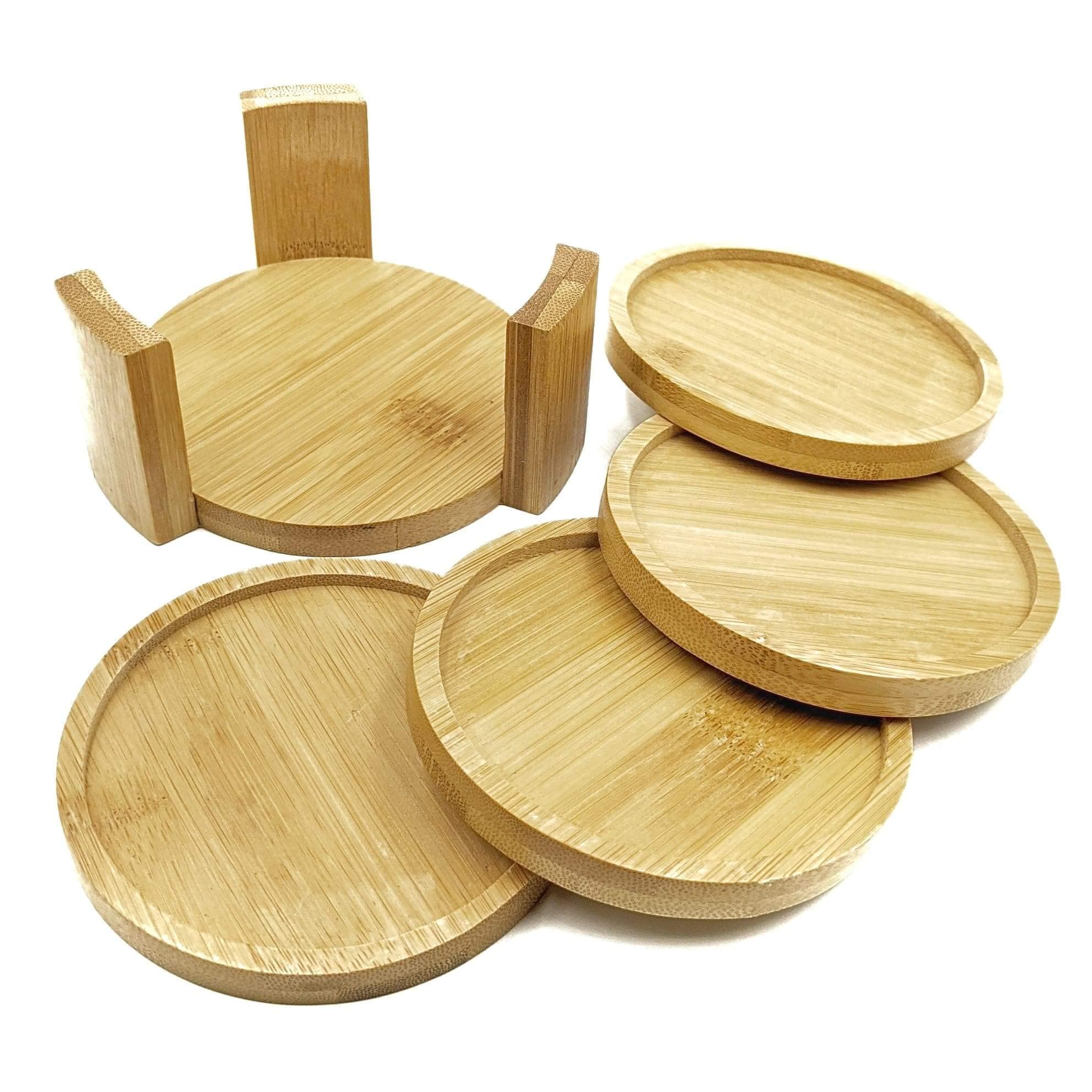 Coaster Set with Holder | Bamboo Wood | Includes 4 Round Coasters and one Holder | Use for Drinks, Beverages, Beer, Coffee! | Barware Kitchen | Housewarming (Bamboo, Brown, Wood)