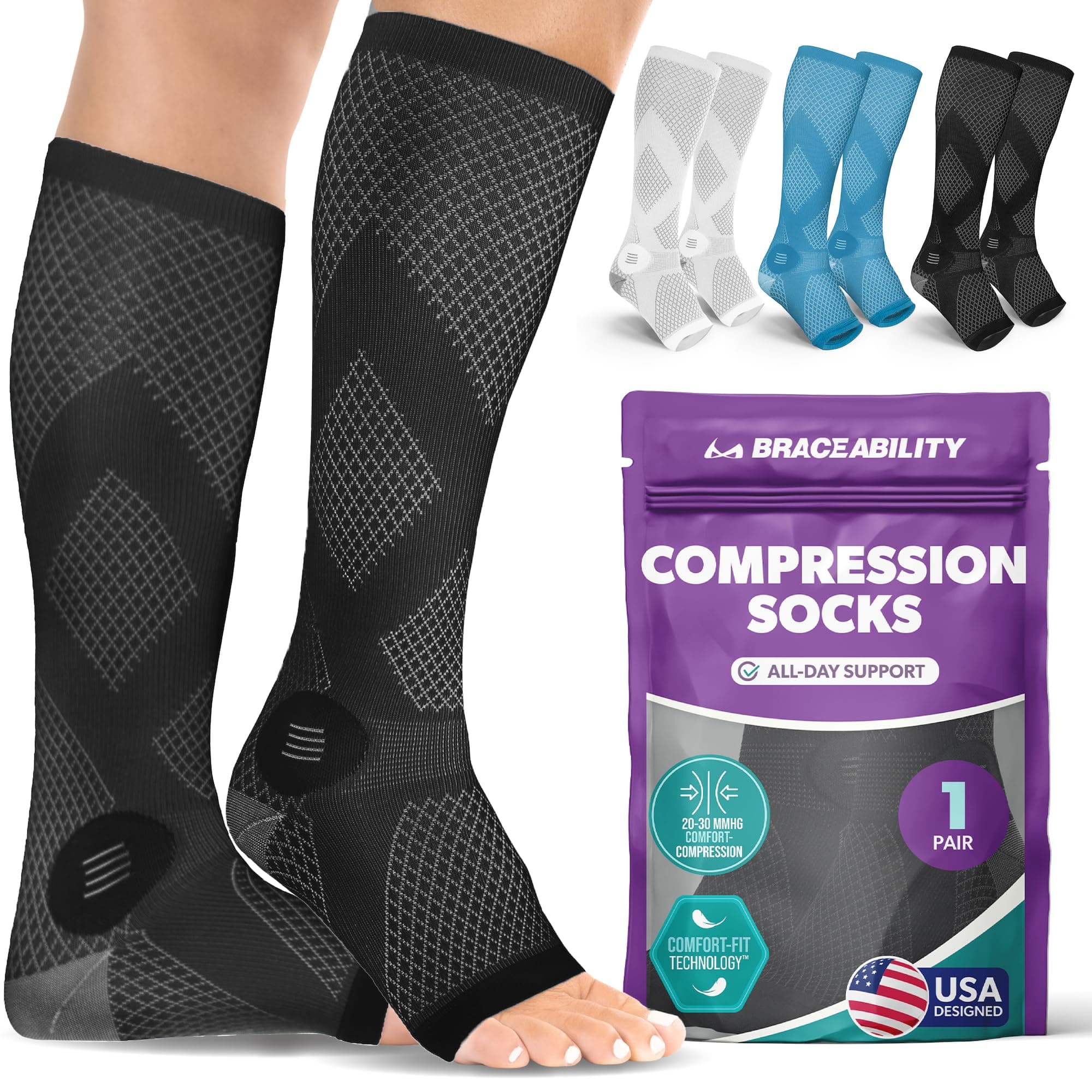 BraceAbility Compression Socks for Circulation - 20-30 mmHg Knee High Neuropathy Open Toe Stockings for Varicose Veins, Swelling, RLS, Medical Toeless Support for Men or Women - 1 Pair (M - Black)