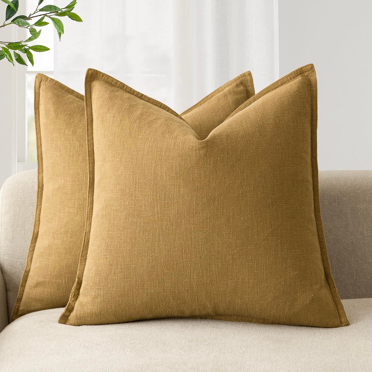 Pack of 2, Decorative Linen Soild Throw Pillow Covers Soft Accent Cushion Case Boho Farmhouse Pillowcase for Chair Couch Sofa Bedroom Living Room Home Decor 24 x 24 Inch Honey Mustard