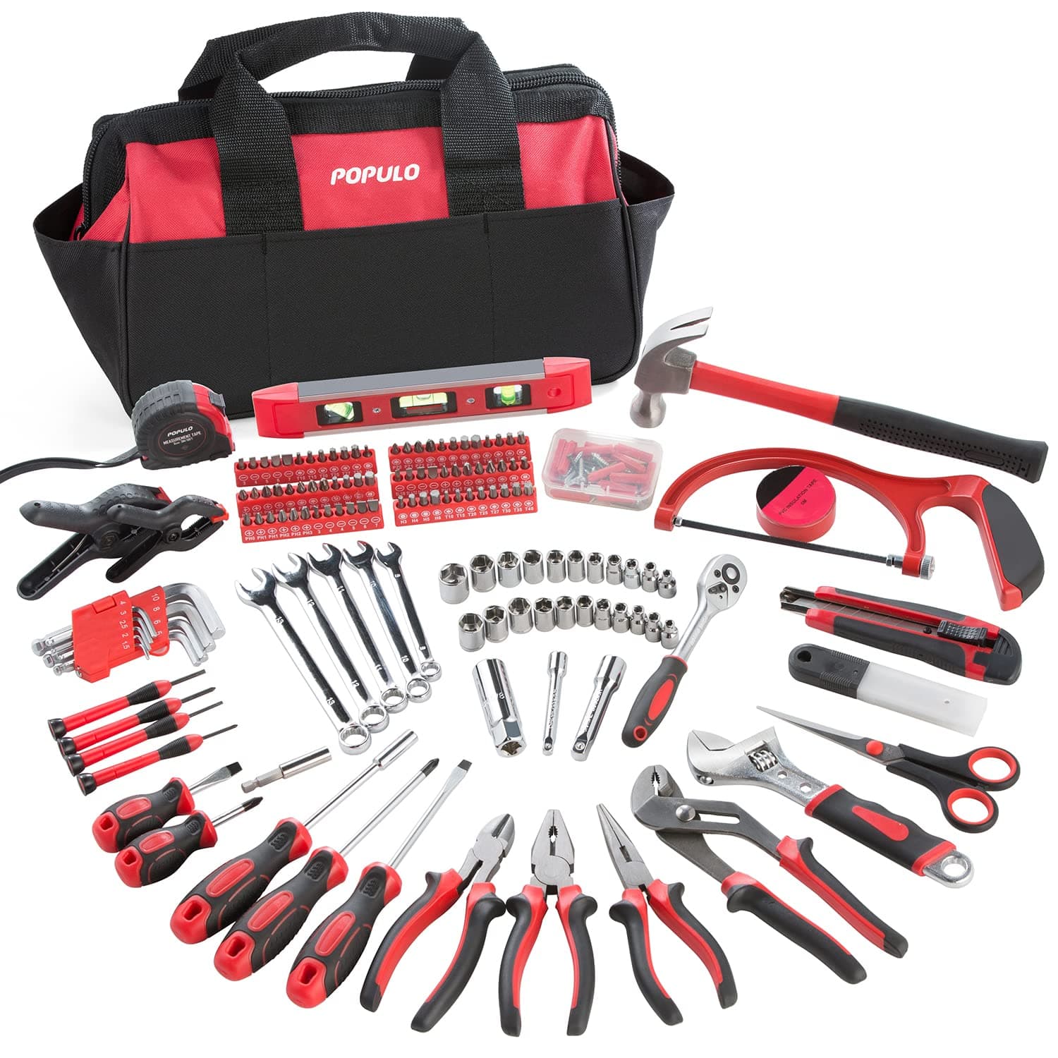 POPULO 222 Piece Home Tool Set in Sturdy Fabric Bag - Complete All-Purpose Tool Kit for Home Maintenance and Repairs
