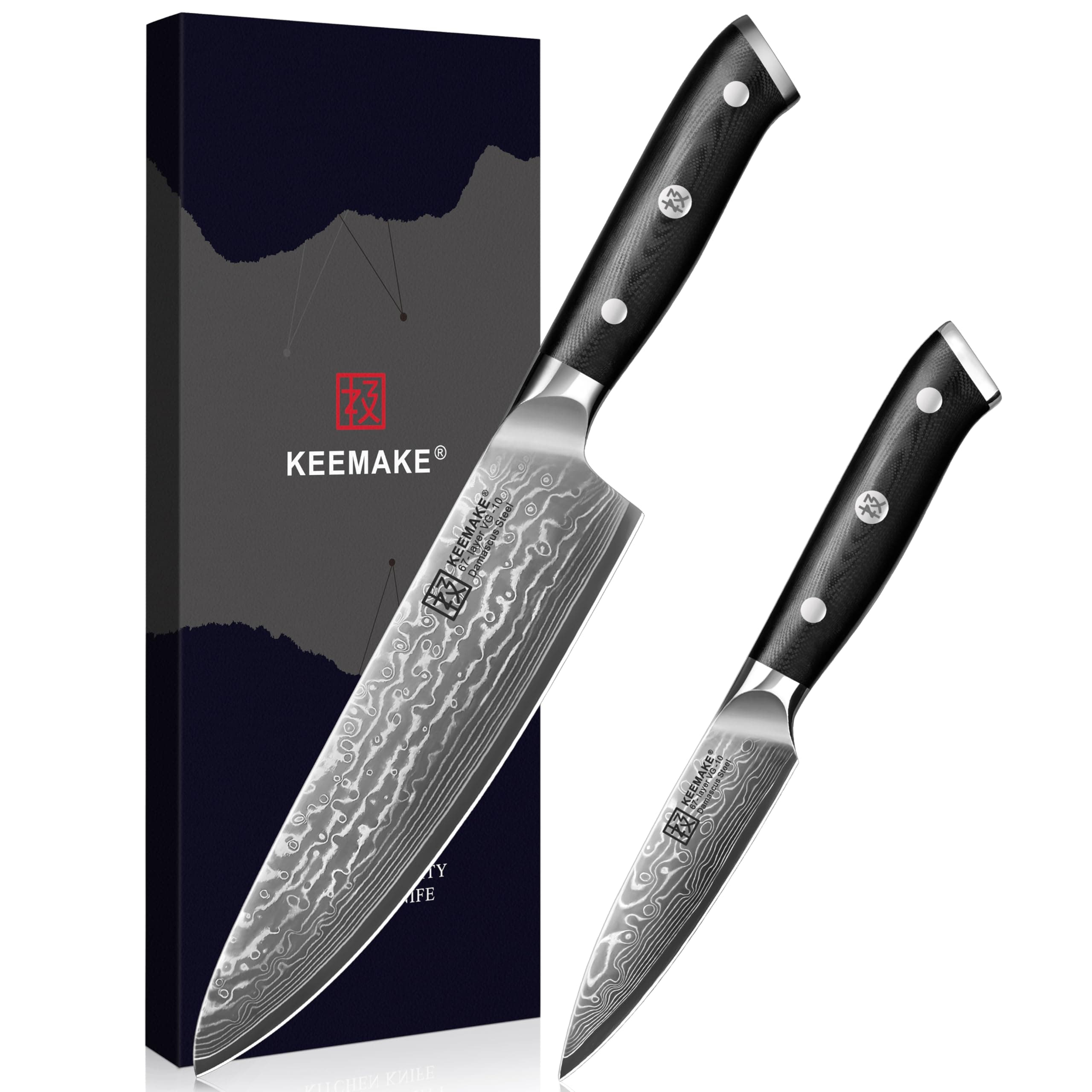 KEEMAKE Damascus Kitchen Knife Set 2 PCS, Ultra Sharp 67 Layer Damascus Steel Chef Knife and Paring Knife, Knives Set for Kitchen with G10 Non-slip Handle for Meat Vegetable Fruit