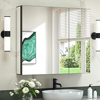 TokeShimi 30 * 26 Bathroom Medicine Cabinet with Mirror Black Aluminum Frameless Fully-Assembled Mirror Cabinet Bathroom Wall