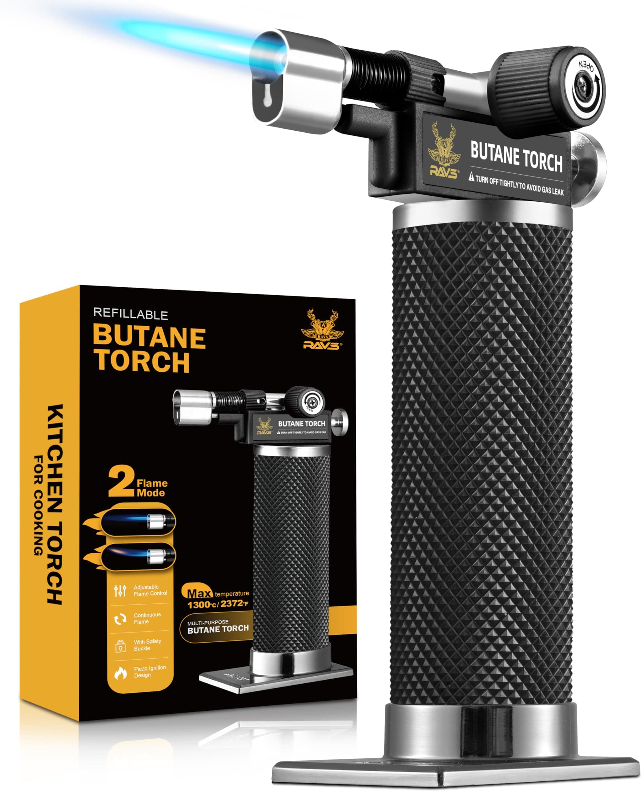 RAVS Butane Torch Lighter, DUAL Flame Mode Kitchen Torch, Refillable Cooking Torch Gun, Creme Brulee Torch Lighter, Blow Torch for Cooking, Welding, Mini Torch Soldering Torch, Butane is Not Included
