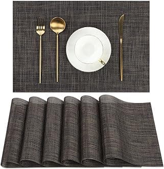 SHACOS Placemats Set of 6 Woven Vinyl Place Mats Wipeable Heat Resistant Plastic Non Slip Table Mats Indoor Outdoor, Black Brown