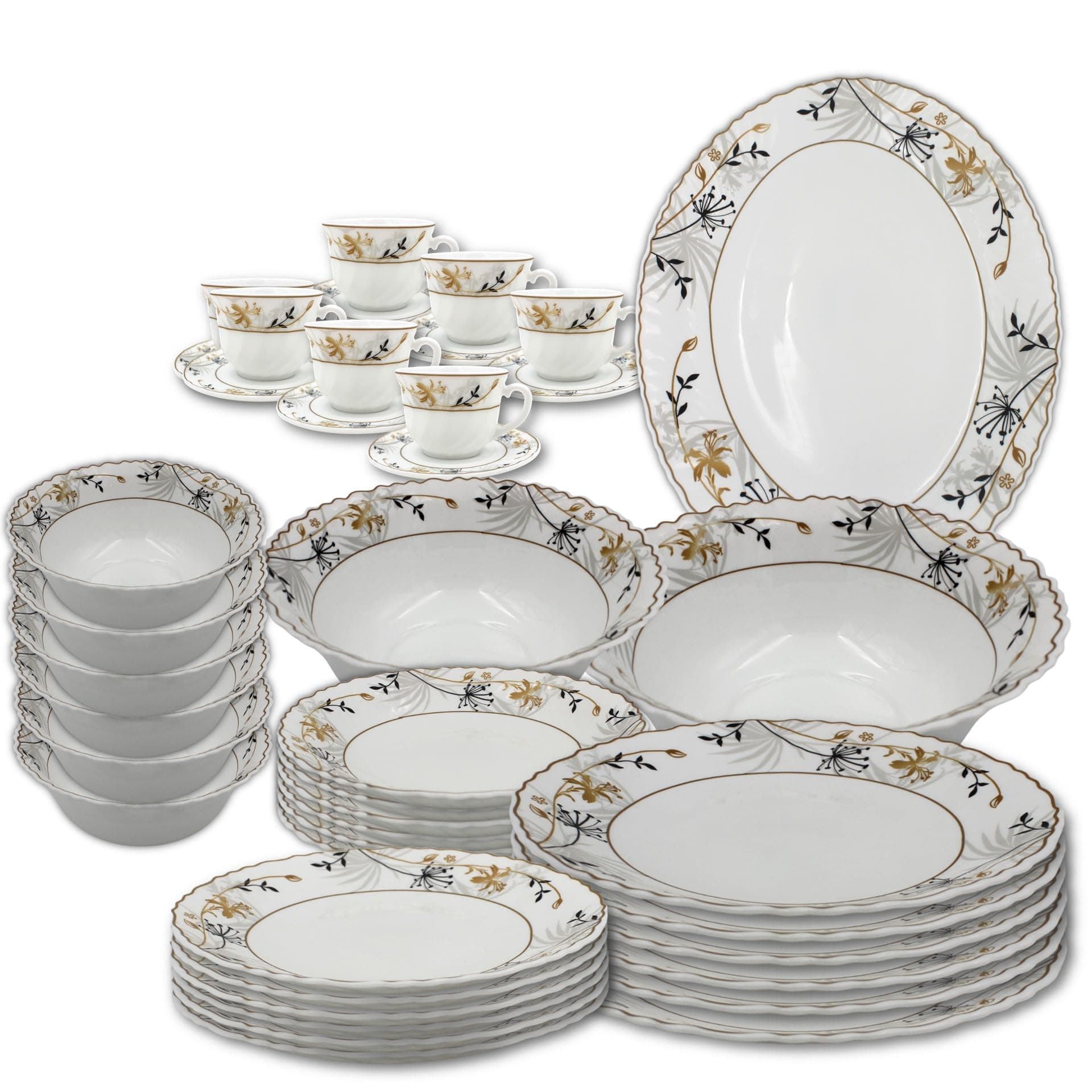 Danny home Opalware 39 Pcs Dinnerware set of 6 Dinner plate, 6 Dessert plate, 6 Soup plate, 6 Bowl, 1 Medium Salad bowl, 1 Large serving bowl, 1 Large serving plate & 6+6 cup & saucer