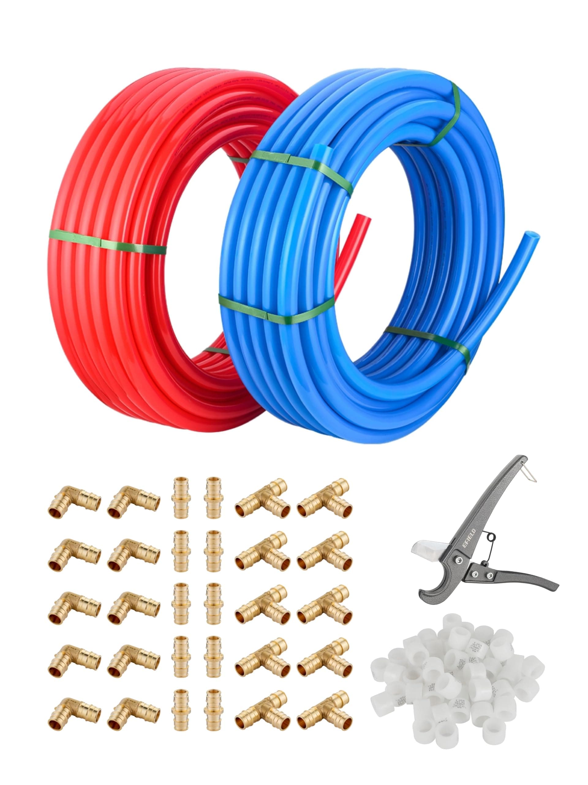EFIELD 1/2-inch Pex-A Tubing/Pipe 2 x100 ft Red & Blue (200 ft), 30 PCS 1/2" Brass Expansion Fittings - Elbow, Tee, Coupler, 1/2' Expansion Rings (100 Pcs), Pipe Cutter (1/2-inch)