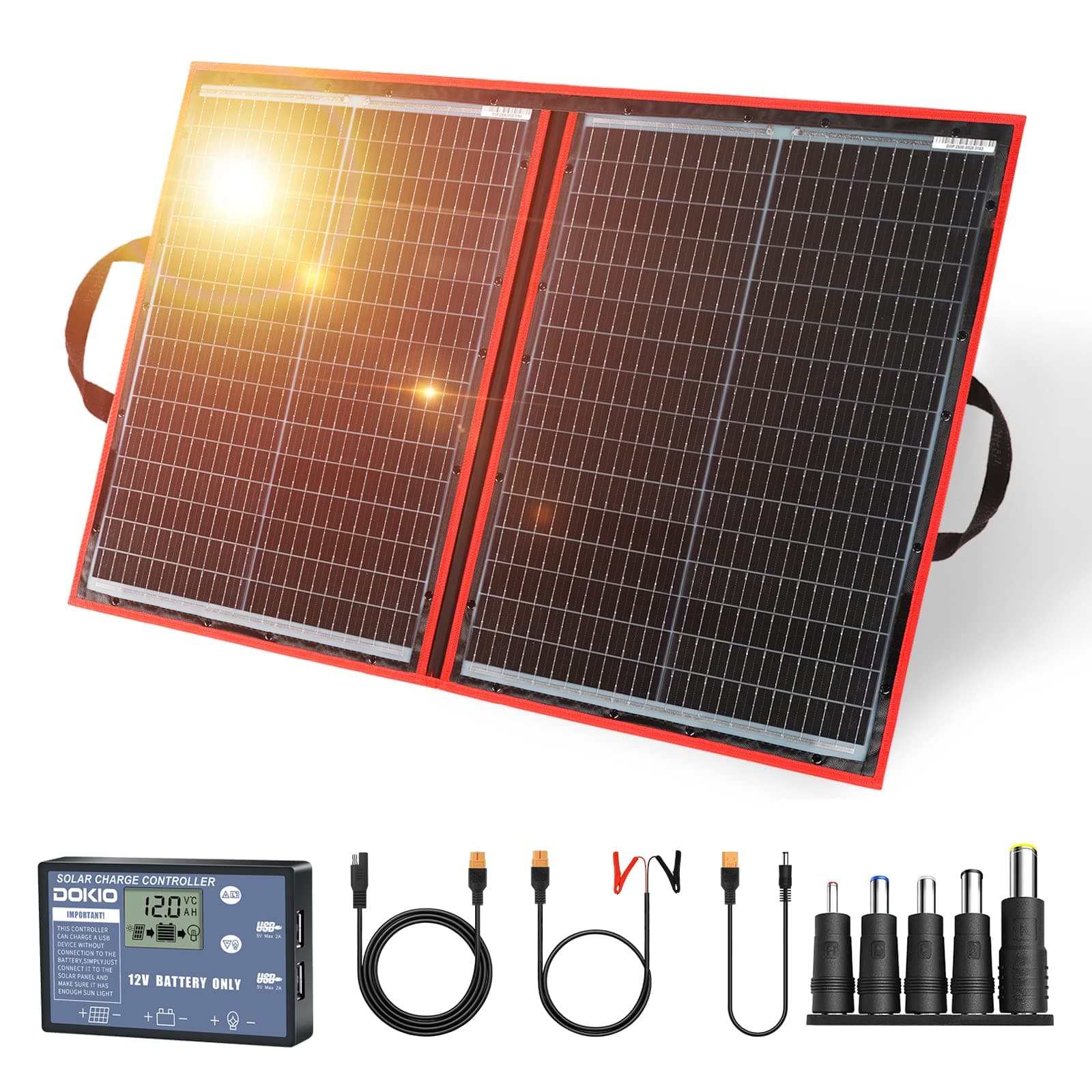 DOKIO110W 18V Portable Foldable Solar Panel Kit (48 * 66cm, 2.4kg) Monocrystalline(HIGH Efficiency) with Controller 2 USB Output to Charge 12V Batteries (All Types: Vented AGM Gel) RV Camper Boat