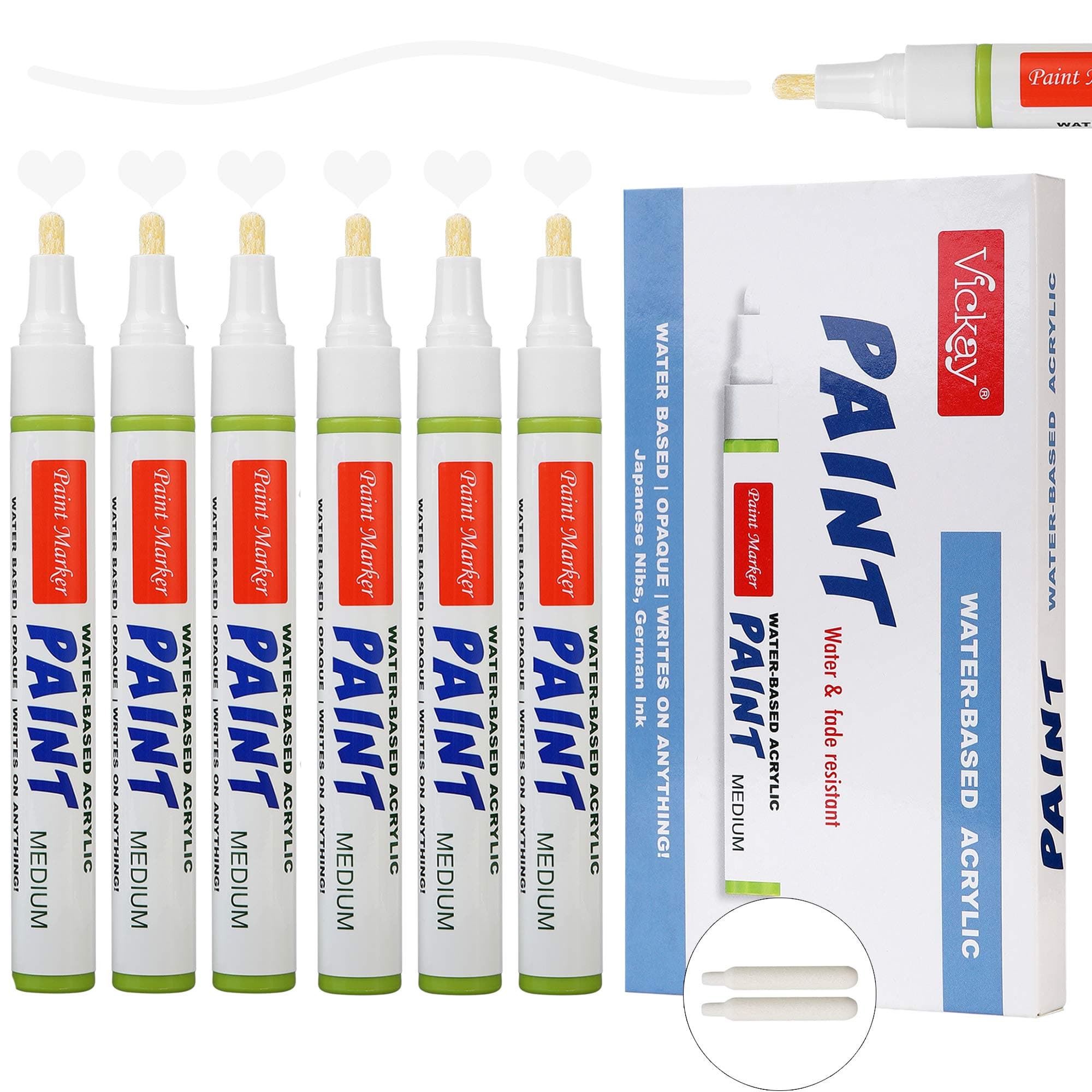 White Acrylic Paint Pens, Set of 6 Medium Point Water Based Permanent Paint Marker for Rock Painting, Ceramic, Metal, Glass, Wood, Fabric DIY Craft Projects Water Resistant with 2 Extra Replacea