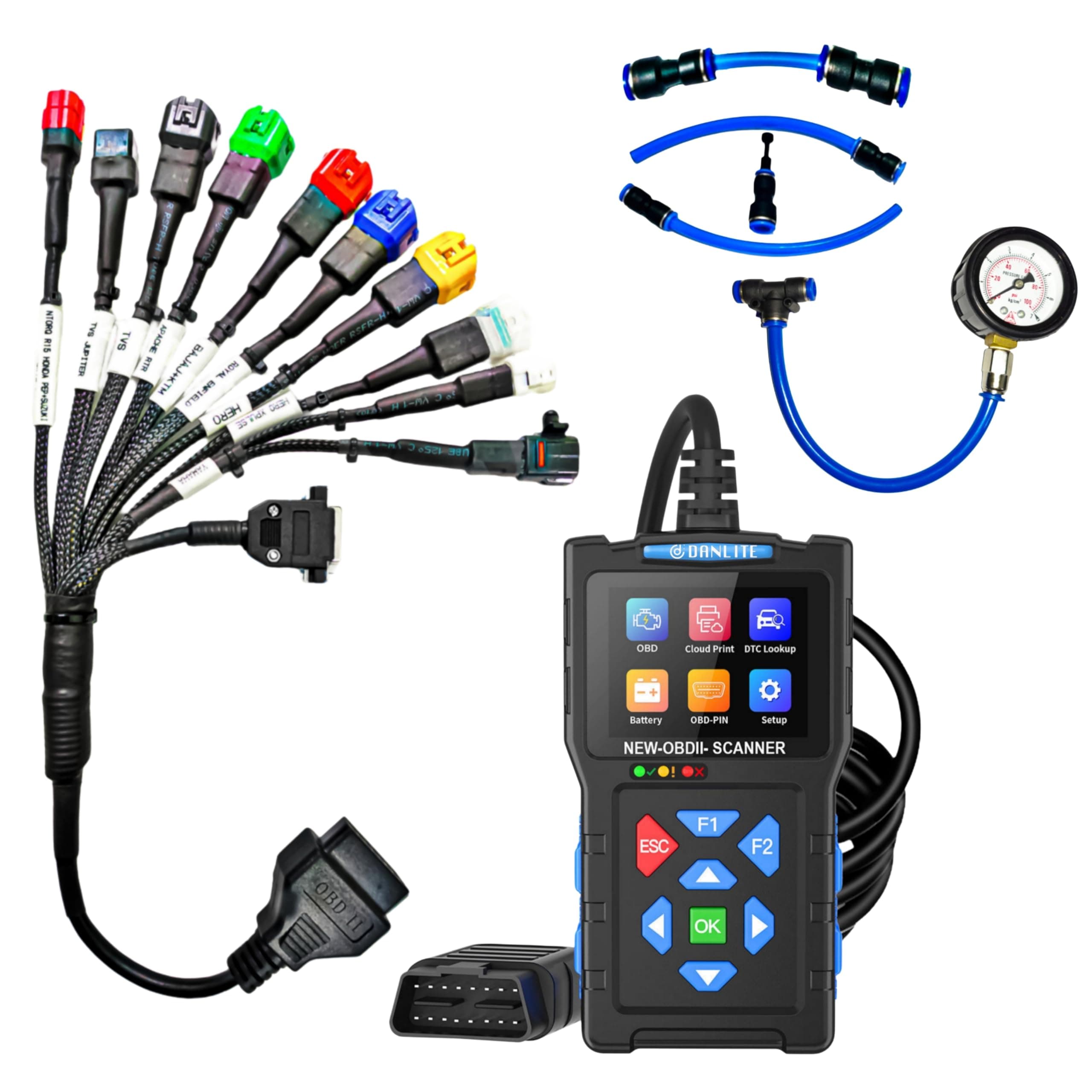 DANLITE TOOLS TECHNICIAN V317 obd2 Scanner for Bike bs6 + 11 Coupler Cable + Fuel Pressure Gage