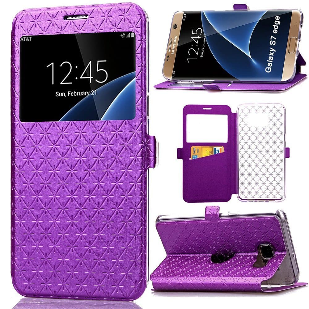 S7 Edge Case, Galaxy S7 Edge Case, Hua Er RUN Quilted Plain Color Window View Function PU Leather Flip Folio Book Style Card Slots Kickstand Wallet Phone Case for Samsung Galaxy S7 Edge Purple