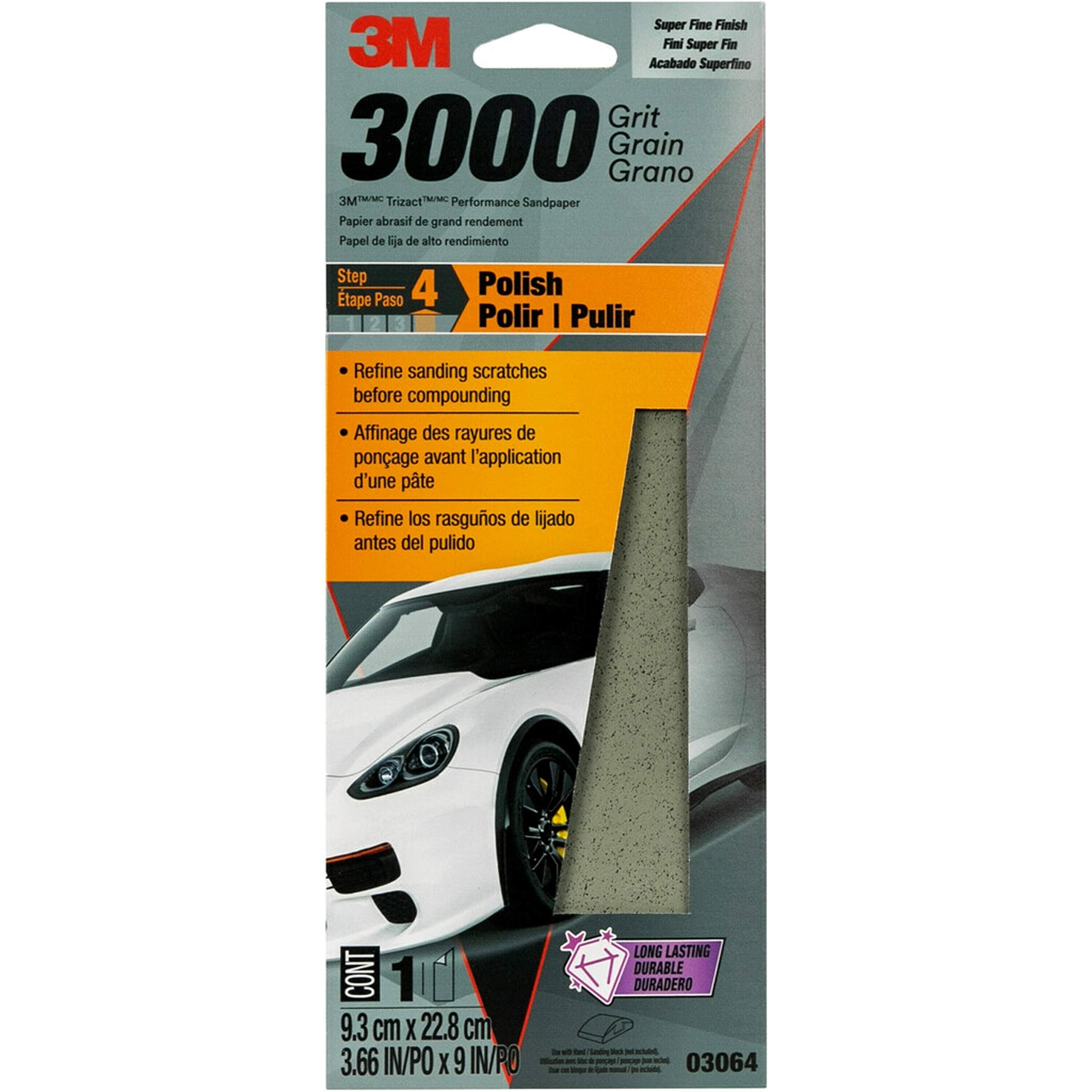 Performance 3000 Grit Sandpaper, 3-2/3 in x 9 in, Polish Clear Coat and Paint, Restore Shine, Ideal for Detailed Finishing and Polishing, Very Fine Grade Abrasive for Refined Finishes (03064)