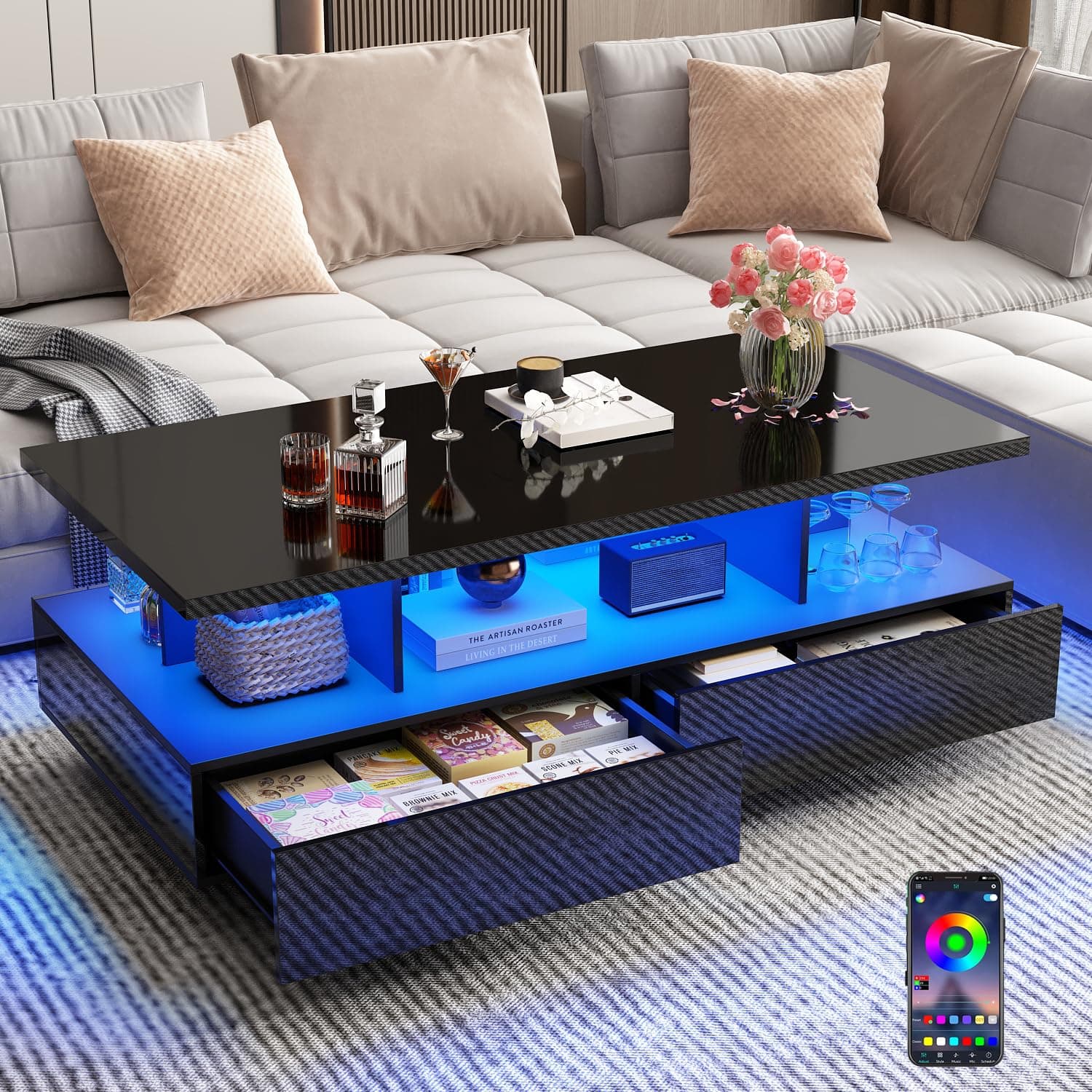 43in Large LED Coffee Table w/ 2 Big Storage Drawers,60,000-color Lights,App Control,High Glossy Modern Black Coffee Table,Rectangle 2-Tier Center Table w/Display Shelf for Living Room
