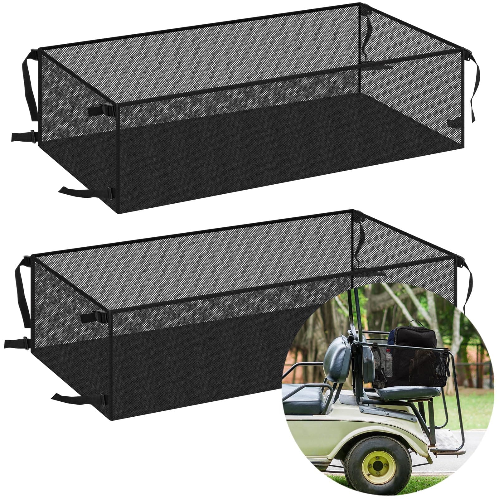Datanly 2 Pcs Golf Cart Cargo Net Bag Golf Car Storage Net Club Car Golf Cart Accessories Golf Cart Basket Golf Club Organizer for Bag Elastic Netting with 8 Adjustable Buckle for 4 Passenger, Black