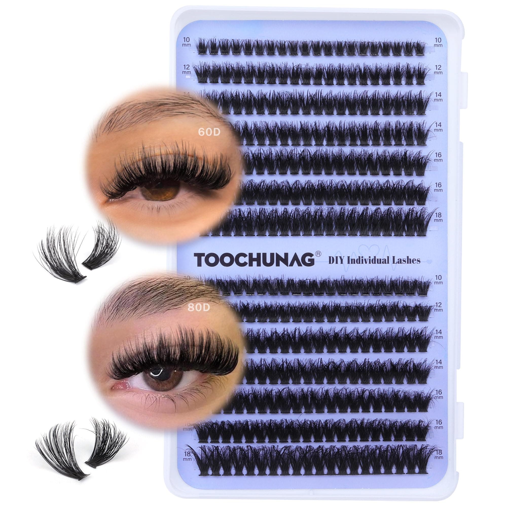 Fluffy Cluster Lashes 60D+80D Thick Individual Eyelashes D Curl Wispy Lash Clusters Individual 10-18mm Russian Eyelash Extension 280pcs Fake Eyelash Clusters DIY Flat Lash Extensions by TOOCHUNAG