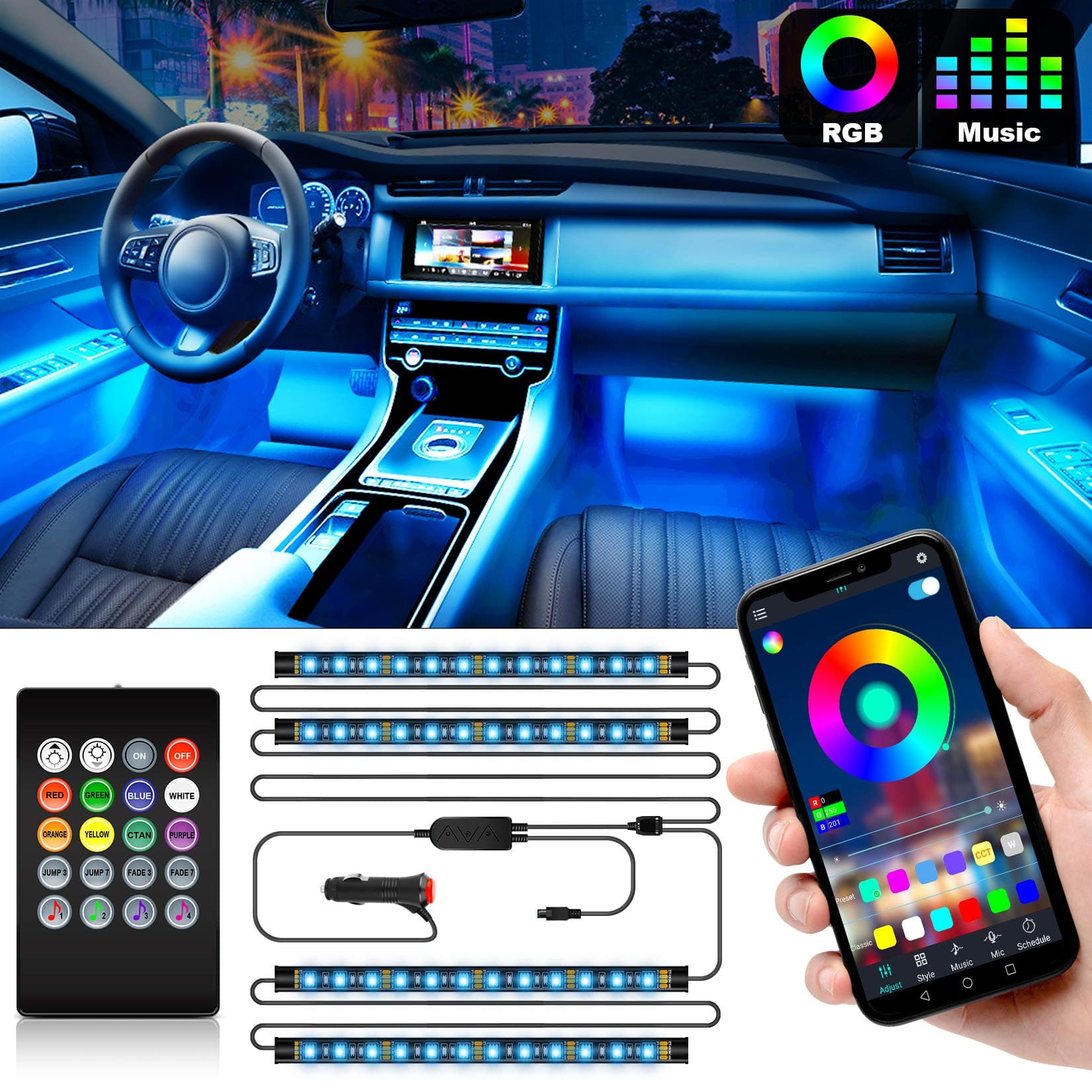 Interior Car Lights, Car LED Strip Lights 2-in-1 Design 4pcs 48 LED Remote and APP Controller Lighting Kits, Waterproof Multi DIY Color Music Car Lighting with Car Charger and DC 12V