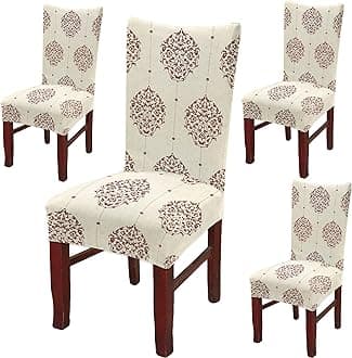 BRIDA® Polyester Spandex Stretchable Floral Geometric Printed Dining Chair Covers Elastic Chair Seat Case Protector, Slipcovers (4 Chair Cover, Damask Beige)