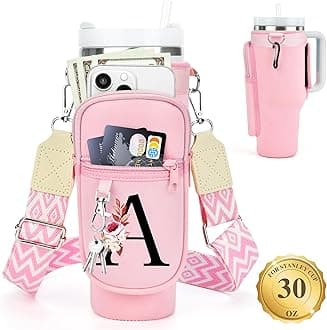 Personalized for Stanley Cup Accessories 30oz, Initial Stanley Cup Holder with Strap, Cup Carrier Bag Water Bottle Holder with Phone Pocket Gifts for Women, Girls, Mom Travel, Walking,Work