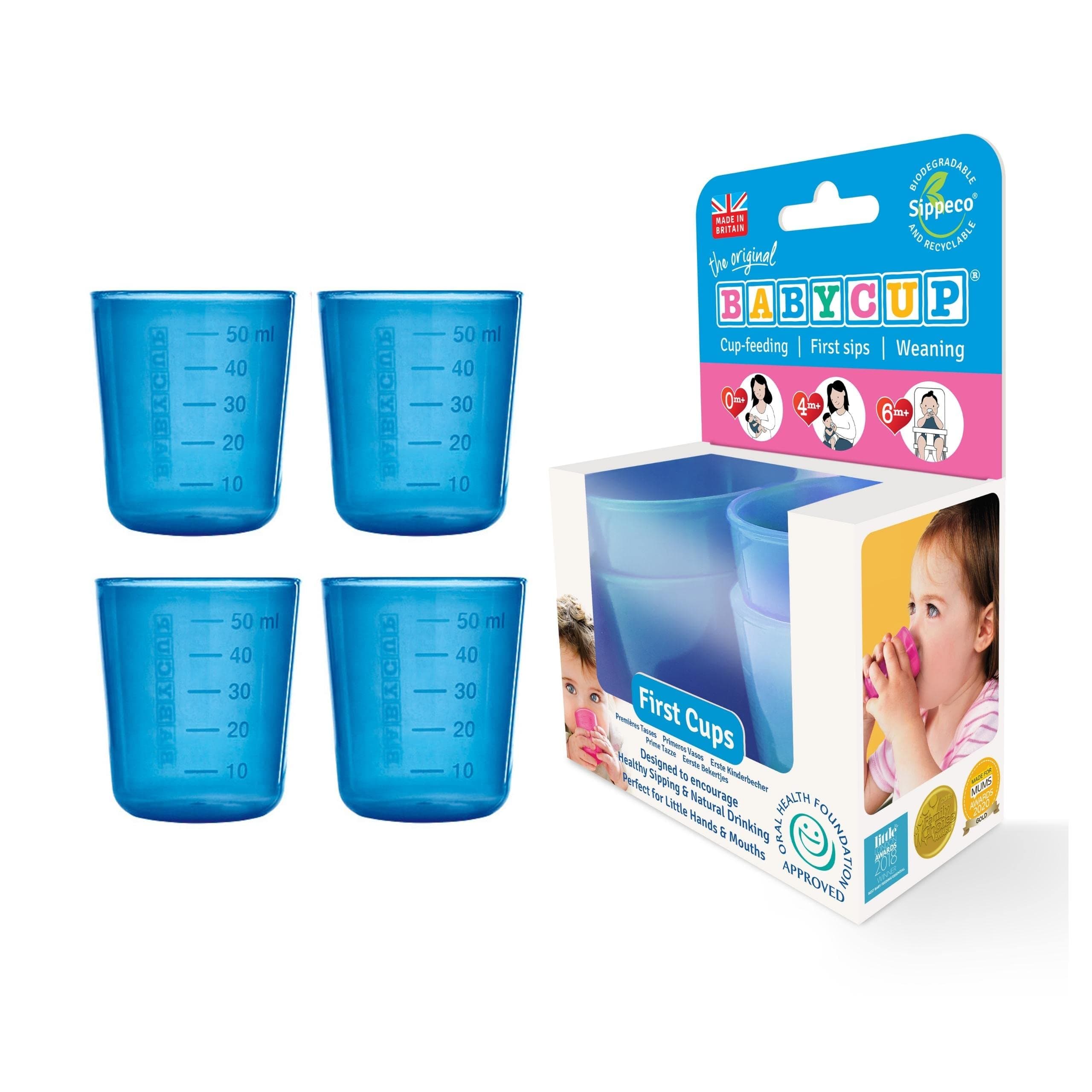 First Cup, Mini Size Training Cup for Toddlers and Free Flow Baby Cup, 1.5fl oz, Open Sippy Cup 4 Months + (4pk Blue)