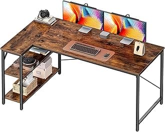 Huuger L Shaped Desk, 55 Inches Computer Desk with Reversible Storage Shelves, for Gaming Corner Home Office Writing Study, Metal Frame, Rustic Brown