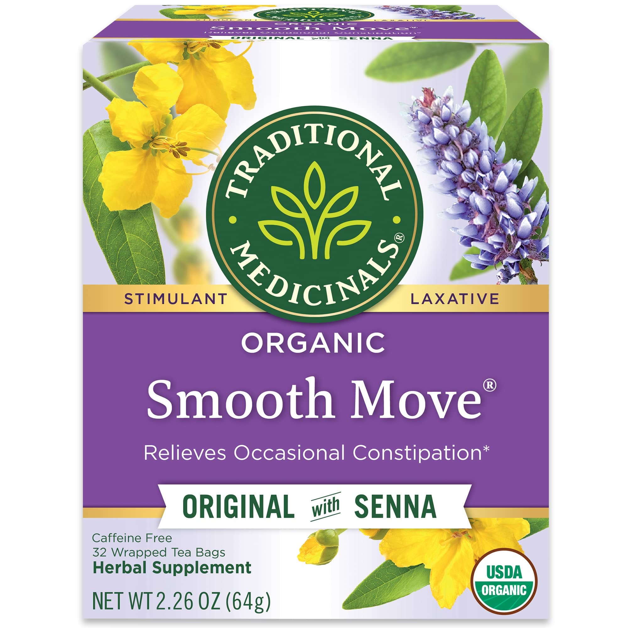 Traditional Medicinals Organic, Smooth Move Tea, Original with Senna - Helps Relieve Constipation Overnight - Kosher, Non-GMO, Caffeine-Free - 32 Tea Bags
