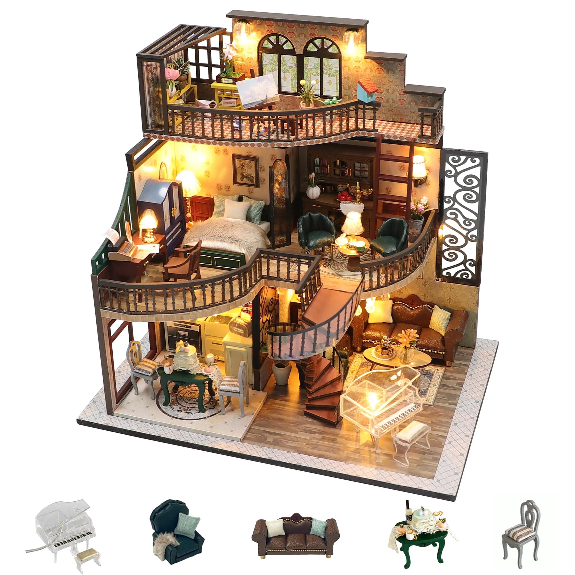 Flever DIY Miniature House Kit, Tiny Home Kit with LED Light, Mini House Build Craft Kits for Adults and Teens, Home Decor Creative Gift for Family/Friends (Dream Building Pavilion)