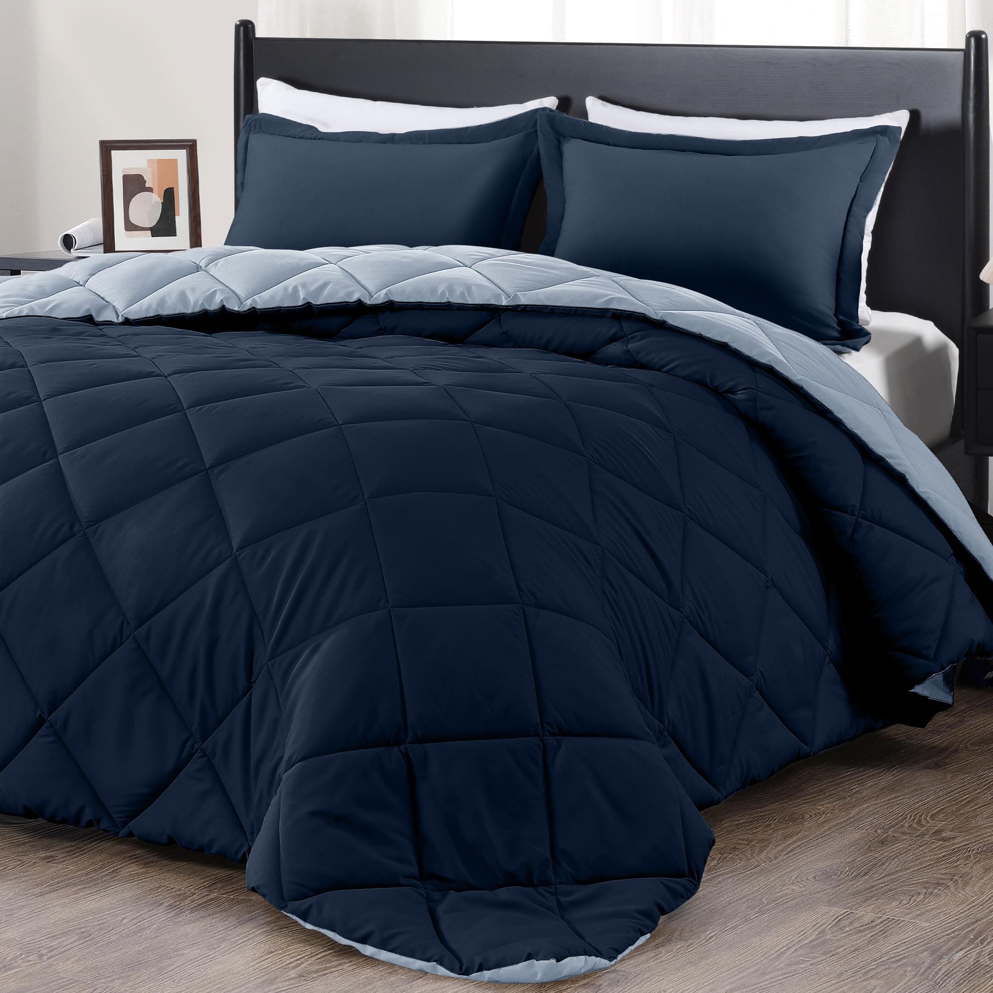 downluxe Millihome 3-Piece Diamond Pattern Lightweight Reversible King Comforter Set, Admiral Blue/Sudden Sapphire