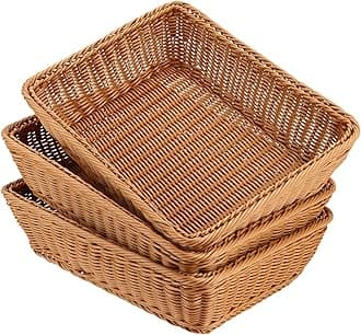 FUNSUEI 3 Pack 15.6 x 11.8 x 3.4 Inches Rectangular Poly Wicker Bread Baskets, Food Serving Baskets, Handmade Woven Pantry Organizer for Storing Bread, Vegetables, Fruits, Snacks and Crafts, Brown