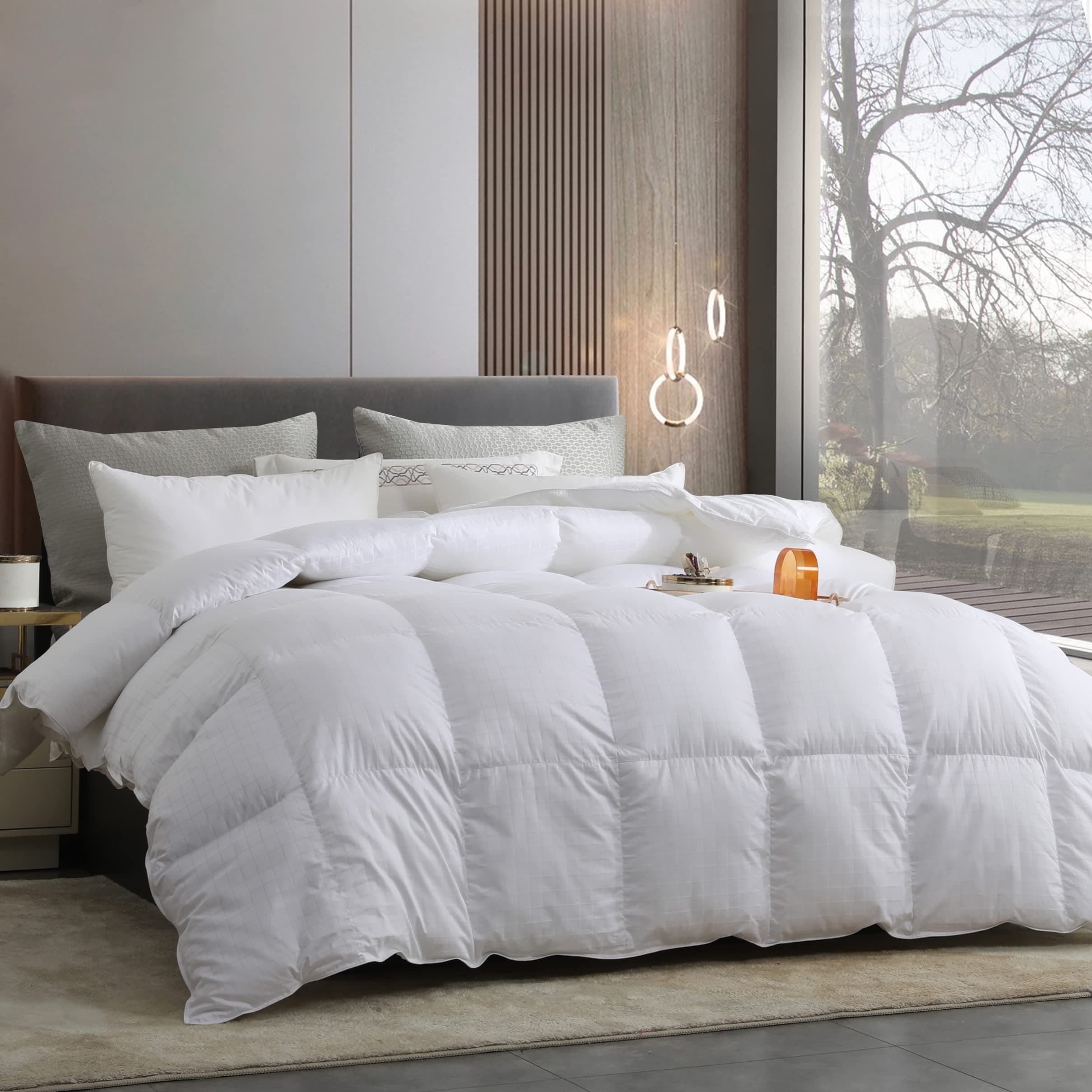 Three Geese Premium Goose Down Comforter King Size, 800 Fill Power Duvet Insert All Seasons Bedding Quilt,1200 Thread Count 100% Cotton Checkered Pattern with 8 Corner Loops.