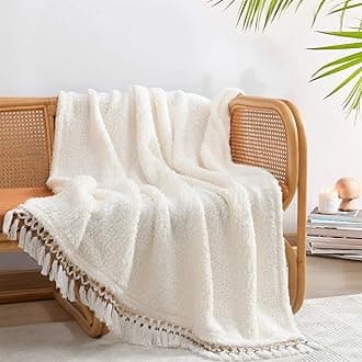 Ultra Soft Cozy Sherpa Throw Blanket, Light Weight Warm Decorative Throw Blanket with Tassel, Solid Antique White Pattern Reversible Boho Style Blanket for Sofa, Couch, Bedroom,Travel, 50”x60”