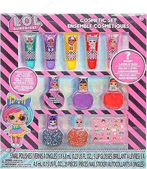 LOL Surprise Townley Girl 11 Pcs Sparkly Cosmetic Makeup Set for Kids Includes 5 Lip Gloss, 5 Nail Polish & Nail Stickers for Girls Tweens, Ages 3+ Perfect for Parties, Sleepovers and Makeovers