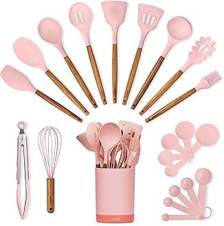 Silicone Kitchen Utensils Set & Holder: Cooking Utensils Set - Kitchen Essentials for New Home & 1st Apartment- Silicone Spatula Set, Cooking Spoons for Nonstick Cookware (Acacia Wood, Pink)