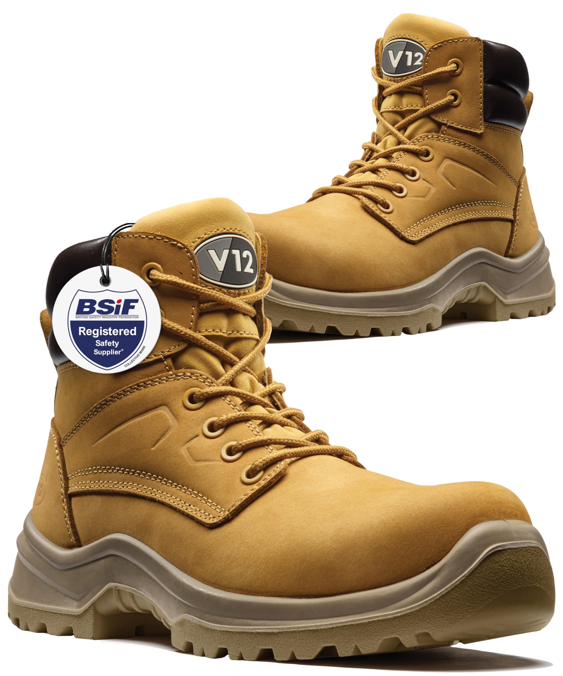V12 Bobcat STS Honey S1P SRC Safety Work Boots for Men - Composite Toe Cap, Anti-Penetration Midsole, Slip-Resistant, Lightweight Steel Toe Boots - Size 9